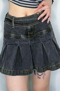 y2k black denim skirt high waist patchwork pleated e girl bottoms 8226