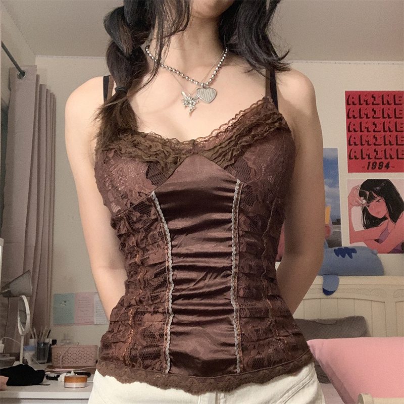 y2k brown lace crop top frill satin patched mini vest backless v neck tank tops women retro sweet cute corset sweats & 8211 tanks & 038 camis 1029