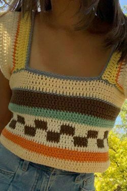 y2k color block knitted sweater vest patchwork crochet tank top 5775