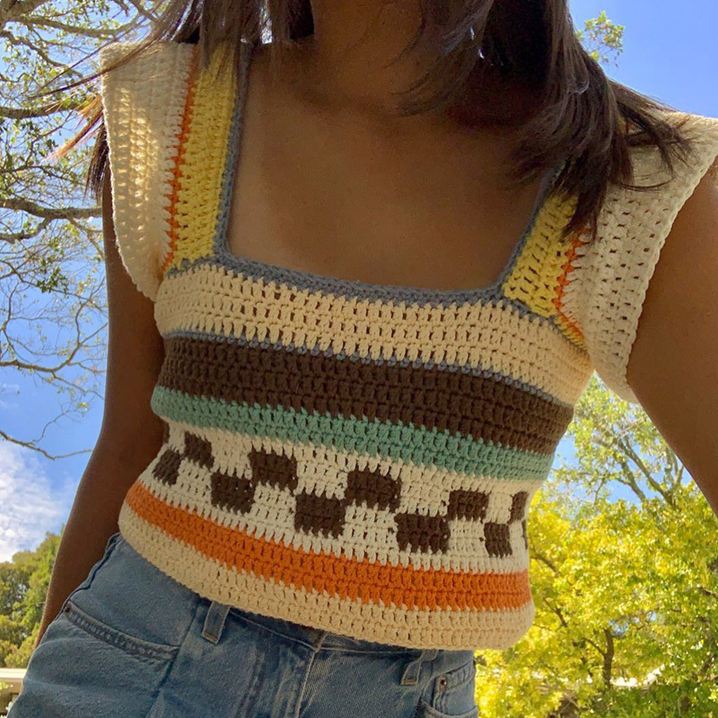 y2k color block knitted sweater vest patchwork crochet tank top 7600