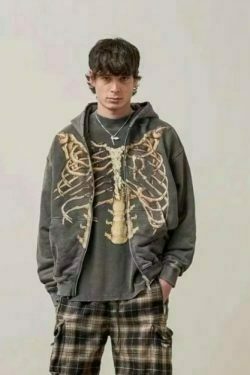 y2k harajuku zip up hoodie with rib cage and spine 2737