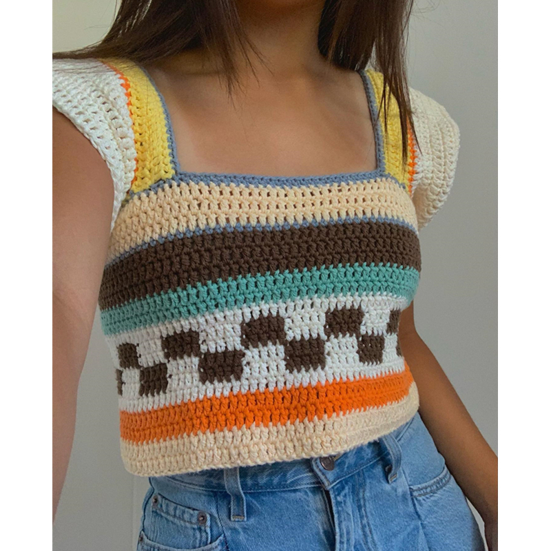 y2k knitted square neck top & 8211 summer women& 8217s contrast color crochet tank 1051