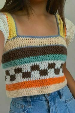 y2k knitted square neck top & 8211 summer women& 8217s contrast color crochet tank 4209