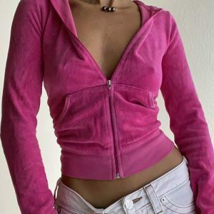 y2k pink velour set slim zip up hoodie & 038 low waist pants 8372