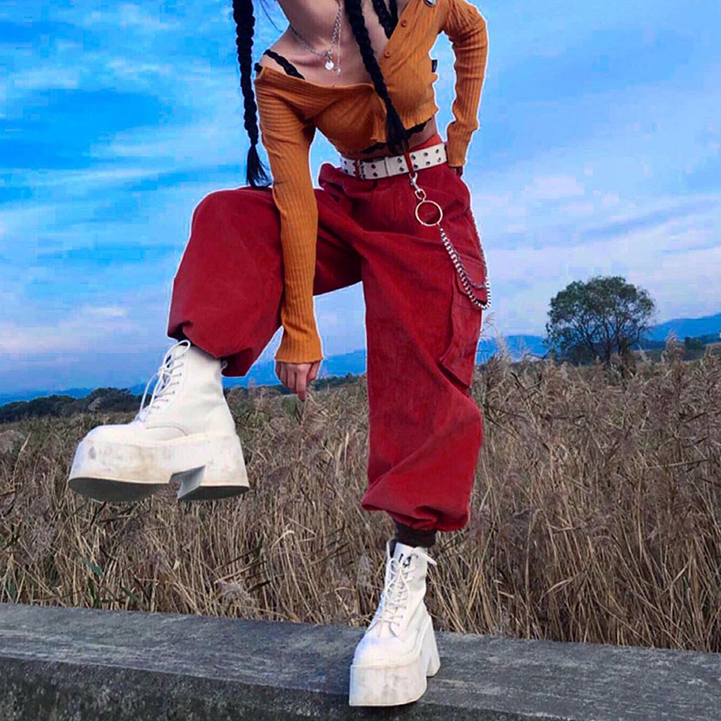 y2k red pants big pockets trousers chain zipper high waist cargo pants retro 90s fashion streetwear women autumn pant & 8211 pants & 038 capris 6245