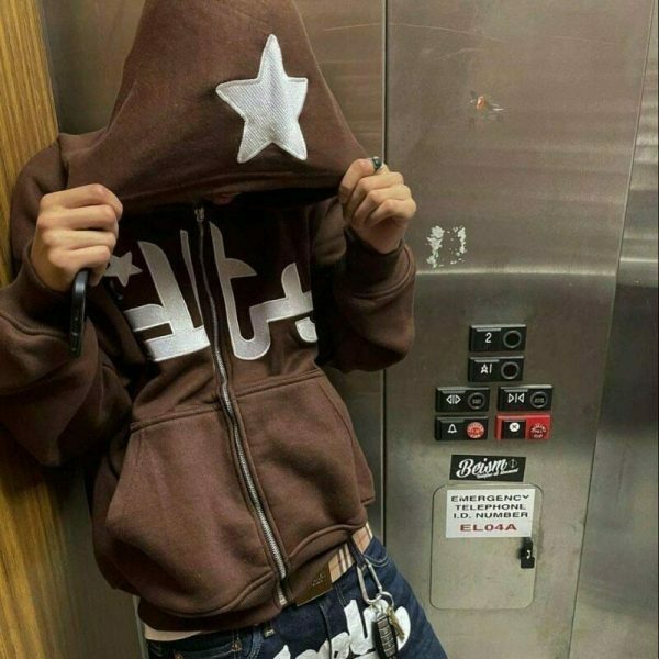 y2k star letter print hoodie men fashion zip up oversized jacket 7102