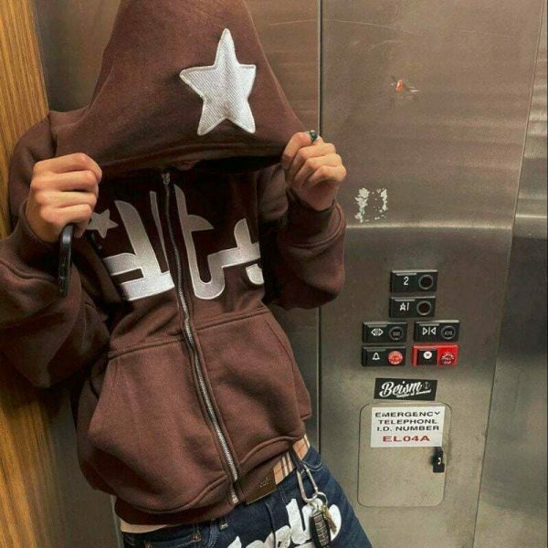 y2k star letter print hoodie zip up 1912