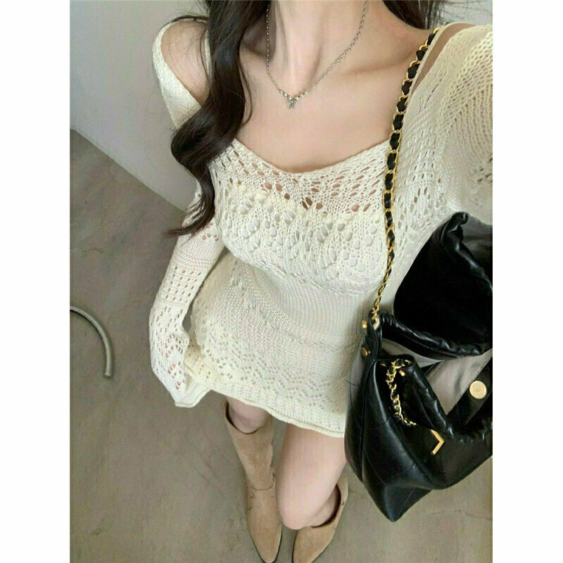 y2k white knitted hollow dress 1569