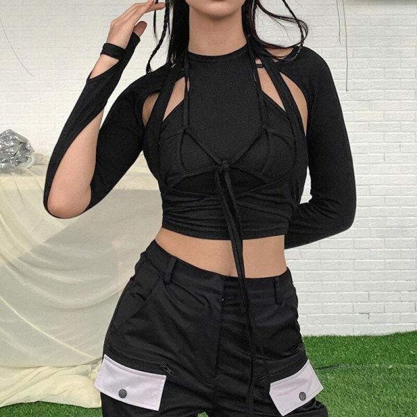 black layered 2 piece cut out hollow crop top gothic punk bandage tassel top harajuku streetwear y2k top 67yae