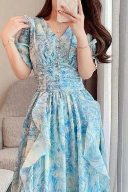 blue van gogh starry sky dress cottagetore prom dress french retro dress women fairy dress romantic dress cy1mi