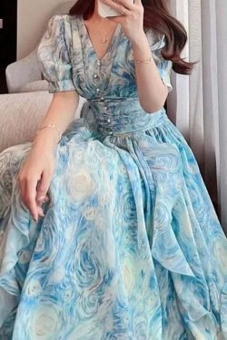 blue van gogh starry sky dress cottagetore prom dress french retro dress women fairy dress romantic dress k76xt