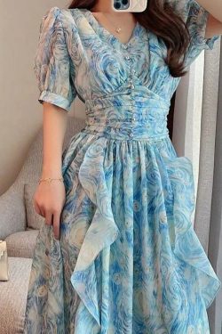 blue van gogh starry sky dress cottagetore prom dress french retro dress women fairy dress romantic dress o1t8d