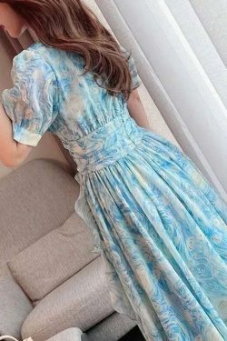 blue van gogh starry sky dress cottagetore prom dress french retro dress women fairy dress romantic dress toxnj