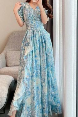 blue van gogh starry sky dress cottagetore prom dress french retro dress women fairy dress romantic dress xmlos