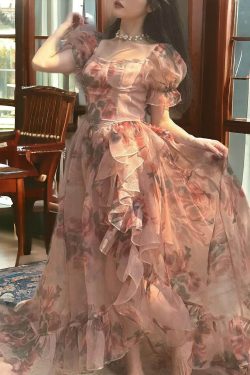 chiffon bubble sleeve floral pink dress vintage romantic summer dress tulle fairy sun dress 5djcb