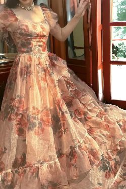 chiffon bubble sleeve floral pink dress vintage romantic summer dress tulle fairy sun dress cufcc