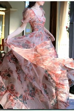 chiffon bubble sleeve floral pink dress vintage romantic summer dress tulle fairy sun dress cx1xp