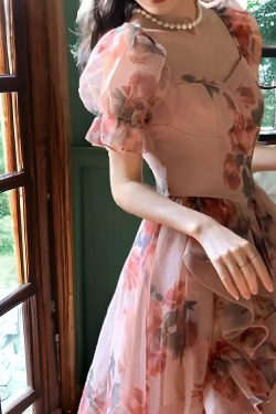 chiffon bubble sleeve floral pink dress vintage romantic summer dress tulle fairy sun dress e2zqp