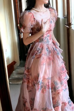 chiffon bubble sleeve floral pink dress vintage romantic summer dress tulle fairy sun dress gzedi