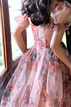 chiffon bubble sleeve floral pink dress vintage romantic summer dress tulle fairy sun dress itscf