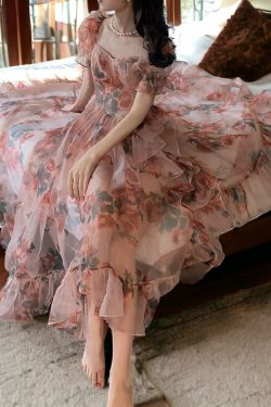 chiffon bubble sleeve floral pink dress vintage romantic summer dress tulle fairy sun dress jsjws