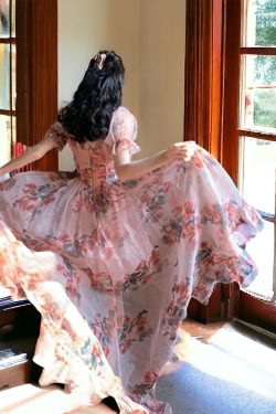 chiffon bubble sleeve floral pink dress vintage romantic summer dress tulle fairy sun dress ydsft