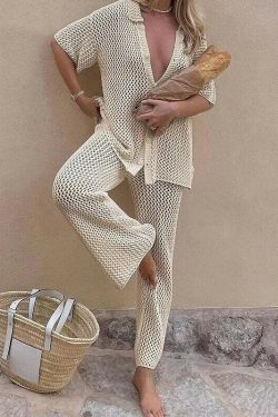 crochet top bottoms beach co ord knitted hollow out cardigan top straight pants 2 sets mesh high waist bottoms z4k7c