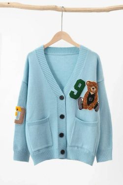 cute bear printed cardigan women  v neck  buttoned  pockets  knitted casual sweater 3skwo