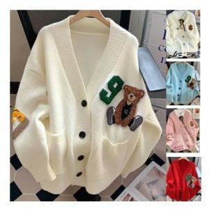 cute bear printed cardigan women  v neck  buttoned  pockets  knitted casual sweater frbie