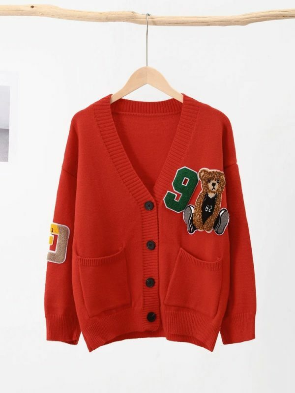 cute bear printed cardigan women  v neck  buttoned  pockets  knitted casual sweater jxutr