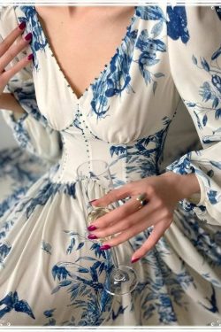 floral fairy dress women fall dress long sleeve dress vintage dress prom party dress elegant dress midi dress vupvd