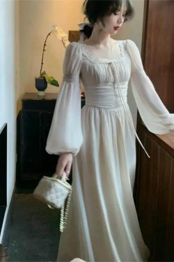 french cottagecore dress square neck fall dress ethereal fairycore dress white bishop sleeve dress milkmaid victorian dress nxp1l