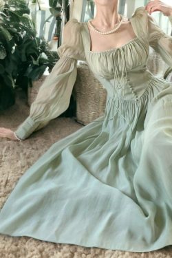 french elegant lantern sleeve fairy grunge midi dress square neck tulle romantic dress water green corset fairy dress b97he