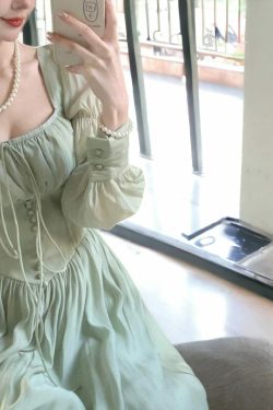 french elegant lantern sleeve fairy grunge midi dress square neck tulle romantic dress water green corset fairy dress h6x8d