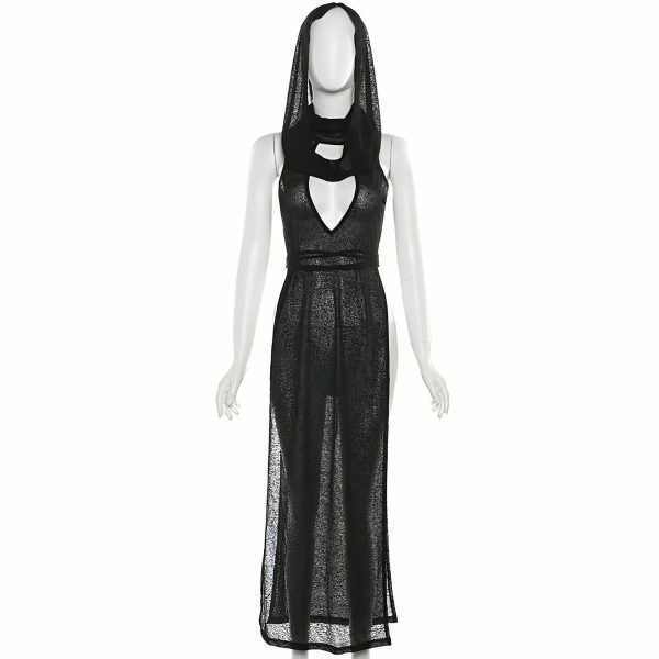 gothic summer slitted dress emo hooded black dress harajuku punk black dress goth long slit dress tczgk