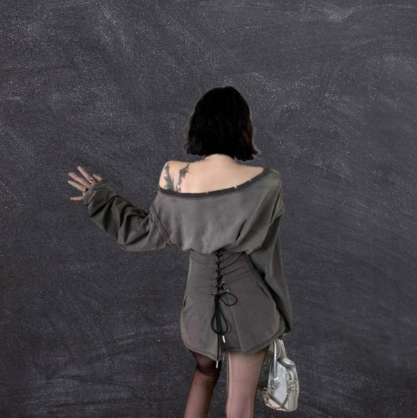 grey off shoulder fairycore grunge sweatdress lace up waist sweatdress longsleeved sweatdress alt clothing grunge clothing j7y6l