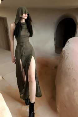 hooded half sheer dress double slit whimsigoth  cybergoth dress agd7d