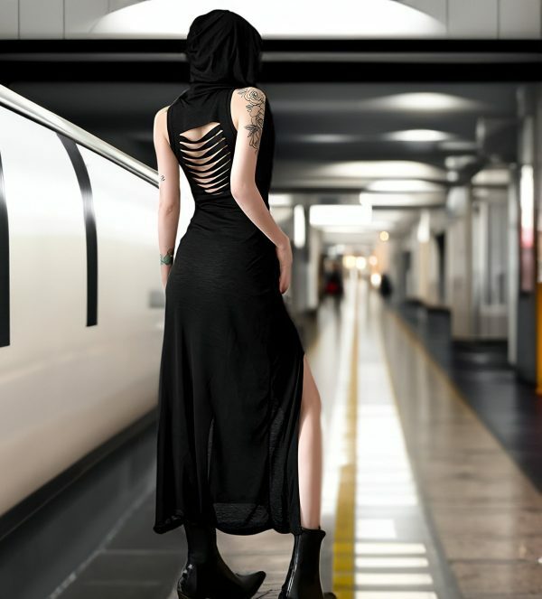 hooded half sheer dress double slit whimsigoth  cybergoth dress unmnq