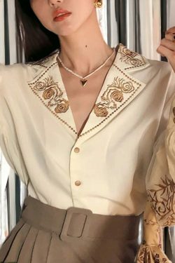 light academia oversize embroidered floral blouse lantern sleeve blouse minimalist korean fashion sqev6