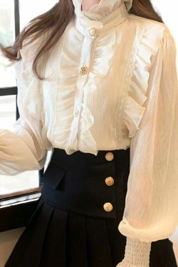 light academia victorian white chiffon blouse lace blouse vintage ruffle turtleneck blouse korean fashion victorian palace toxedo 5nt85