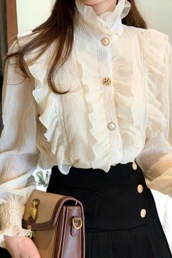 light academia victorian white chiffon blouse lace blouse vintage ruffle turtleneck blouse korean fashion victorian palace toxedo b0ueu