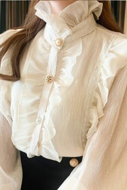 light academia victorian white chiffon blouse lace blouse vintage ruffle turtleneck blouse korean fashion victorian palace toxedo ofcln