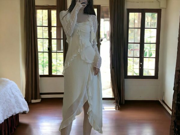 ruffle summer dress with cardigan two piece set fairy grunge dress white romantic midi dress korean fashion bm5n4