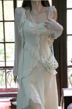 ruffle summer dress with cardigan two piece set fairy grunge dress white romantic midi dress korean fashion poqqx