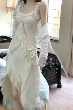 ruffle summer dress with cardigan two piece set fairy grunge dress white romantic midi dress korean fashion qfftt