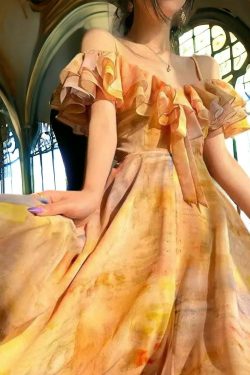 spaghetti strap ruffle v neck long summer dress french style dress romantic fairy sun coquette dress fziat