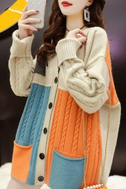 sweater cardigan womens autumn and winter all match new color blocking loose v neck long sleeved knitted jacket female colorful sweater 7ontz