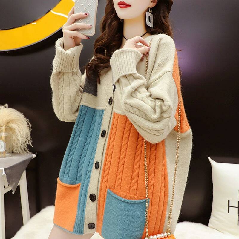 sweater cardigan womens autumn and winter all match new color blocking loose v neck long sleeved knitted jacket female colorful sweater 7ontz