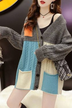 sweater cardigan womens autumn and winter all match new color blocking loose v neck long sleeved knitted jacket female colorful sweater hyllg