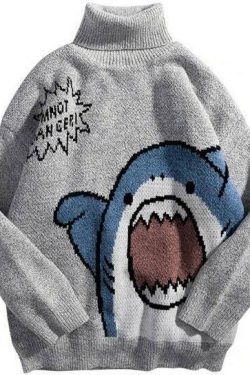 thick knitted pullover turtleneck sweater with cute shark print oversized pullover sweater y2k streetwear sweater unisex sweater apqmf